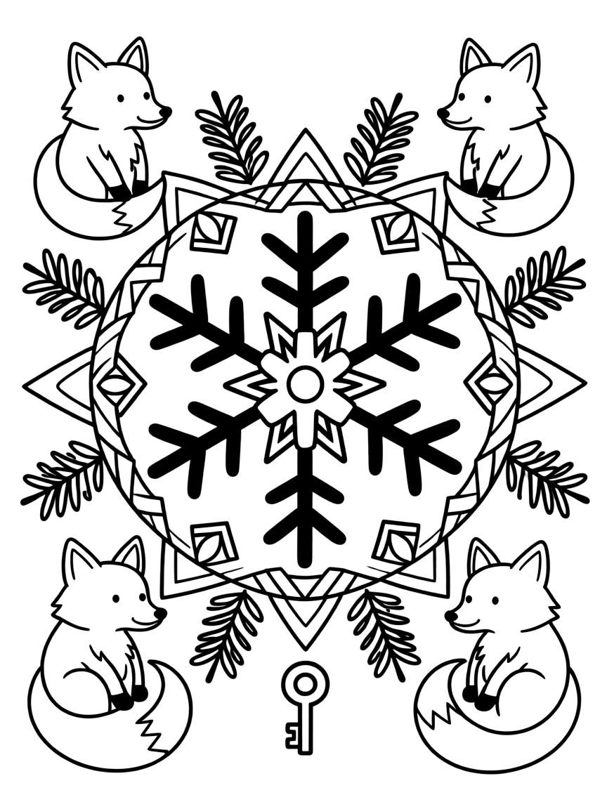 Woodland Animals: The design turns a bushy-tailed red fox curled into a gentle loop into a kaleidoscope-style composition anchored by a snowflake-shaped mandala with six symmetrical arms. The imagery is multiplied into a circular burst of matching pieces that rotate evenly around the page's center point. Decorative details fill the surrounding space, including curling fern-frond shapes, ribbons folded into gentle zigzags, and rows of arrow-shaped chevrons woven throughout the background. A playful extra touch completes the page: a small key shape tucked discreetly among the pattern details.