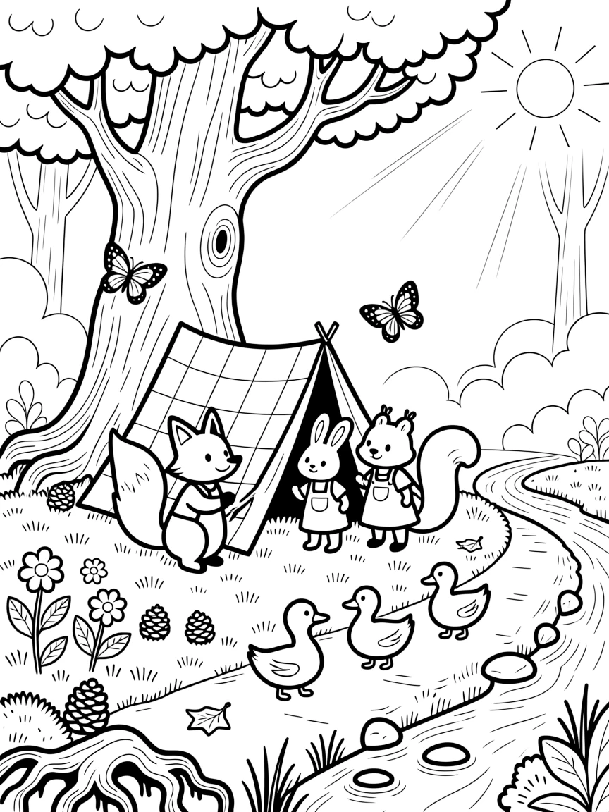 [Enchanted Forest] A group of woodland friends build a small blanket fort beneath the sprawling roots of an ancient oak. Butterflies flutter between wildflowers while a family of ducks waddles across the path toward a stream. Sunbeams stream through gaps in the canopy onto a carpet of moss, fallen pinecones, and curling roots. Delicate morning mist curls around the tree bases as the first rays of sunshine break through the canopy.