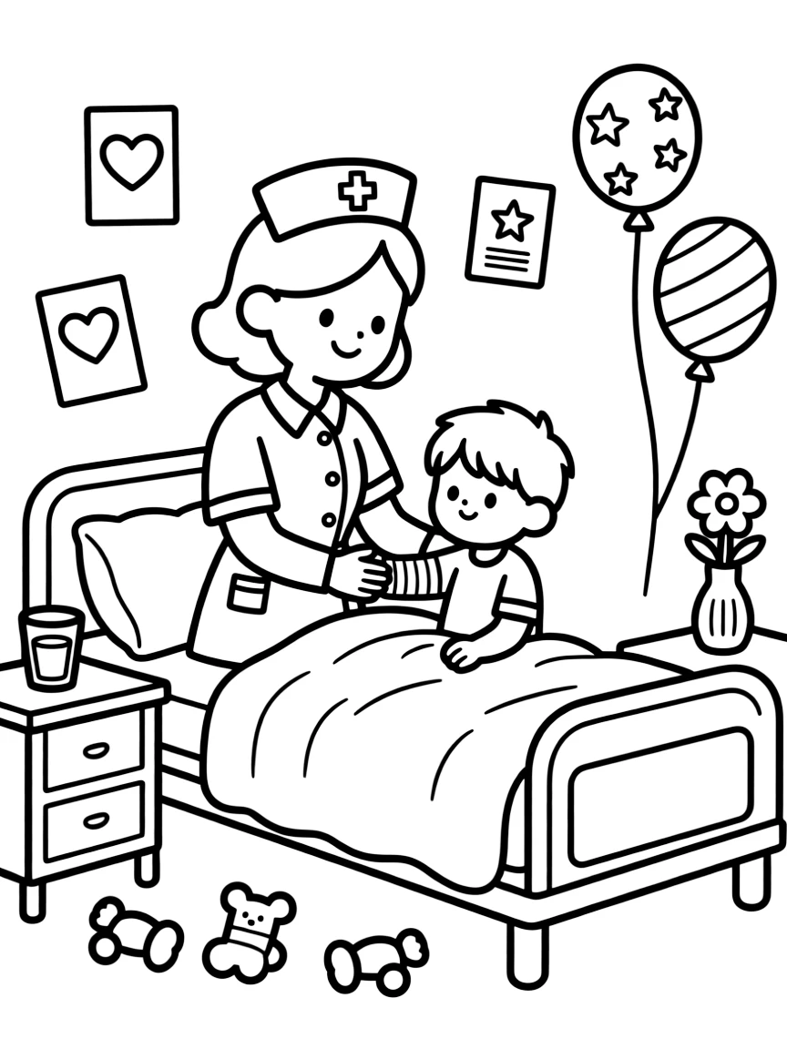 A nurse wraps a bandage around a child's arm beside a hospital bed covered in get-well cards and balloons.