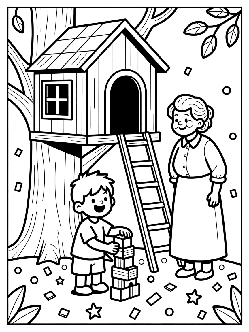 A giggling boy stacking wooden blocks with a grandmother in a treehouse with confetti scattered on the ground.
