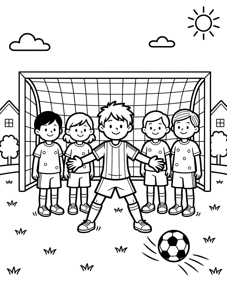 A team of neighborhood kids, guarding the goal as the goalkeeper, arms stretched wide, ready to block an incoming penalty kick.