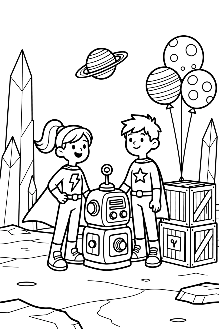 Twin superhero siblings Zinnia (super-fast) and Zephyr (gravity-bending) showing off a new invention at the young inventors' fair, in a shimmering ice planet dotted with crystal spires, with a stack of colorful supply crates and a cluster of balloons shaped like planets nearby.