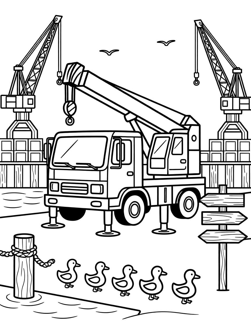 A mobile crane truck with outstretched stabilizer legs takes center stage in a busy harbor lined with docks, cranes, and stacked crates, where a family of ducks waddling alongside can be seen nearby, surrounded by an old wooden signpost pointing to faraway towns.