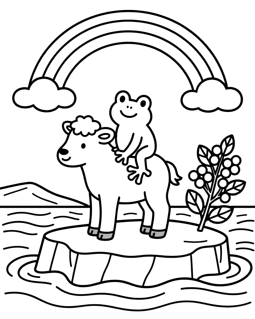 A frog riding on the back of a calf on an iceberg in the arctic sea, near a berry bush, while a rainbow arches overhead.