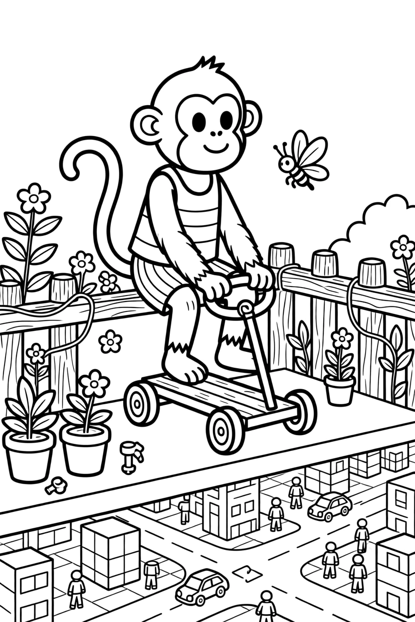 A speedy monkey acrobat takes a break from adventures to try putting the finishing touches on a homemade go-kart on a rooftop garden overlooking a busy toy-block city, with a tiny firefly friend lighting the way close behind. It's a perfectly wonderful, magical moment.