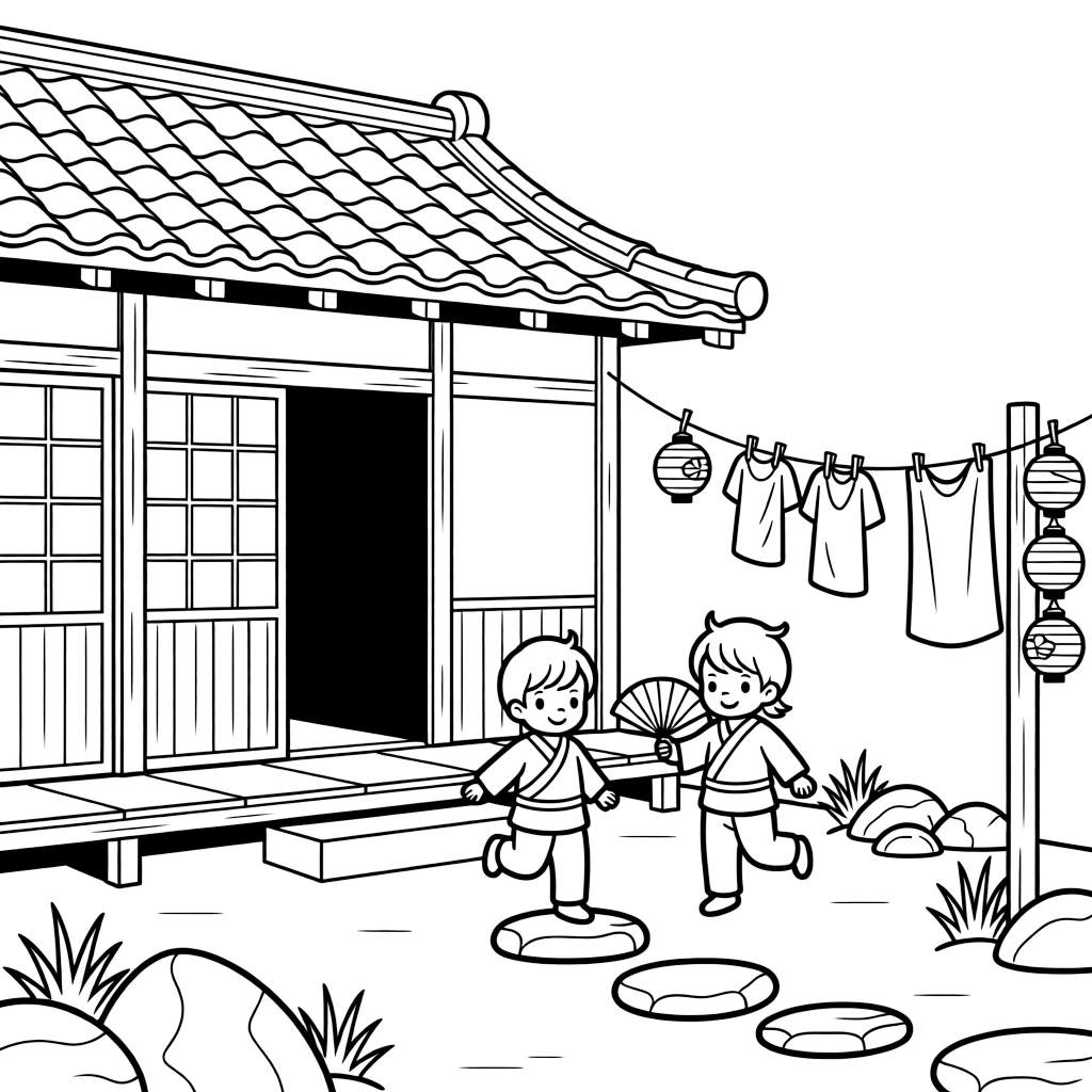 A coloring page featuring a traditional wooden house with sliding paper shoji doors, a curved tile roof, and a small rock garden in Japan, with children playing just outside the door and laundry or lanterns strung nearby.