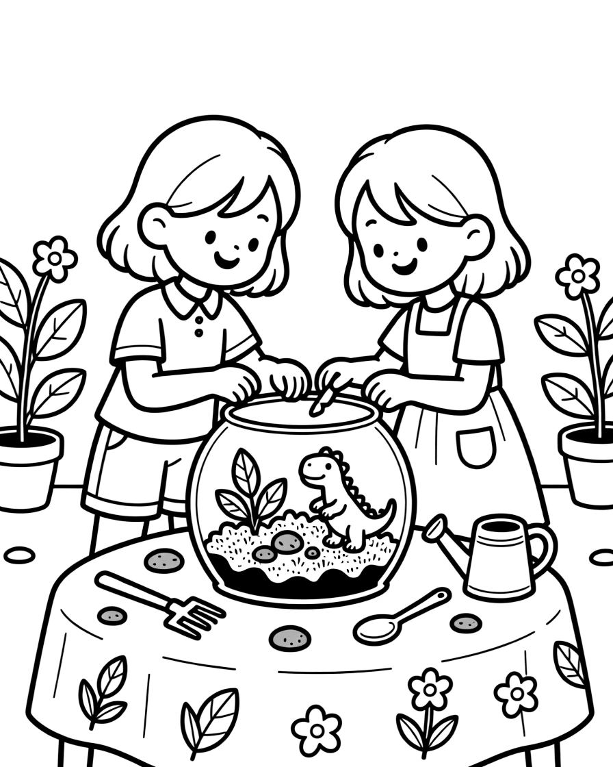 mischievous twin sisters build a small terrarium with moss, pebbles, and a tiny toy dinosaur.