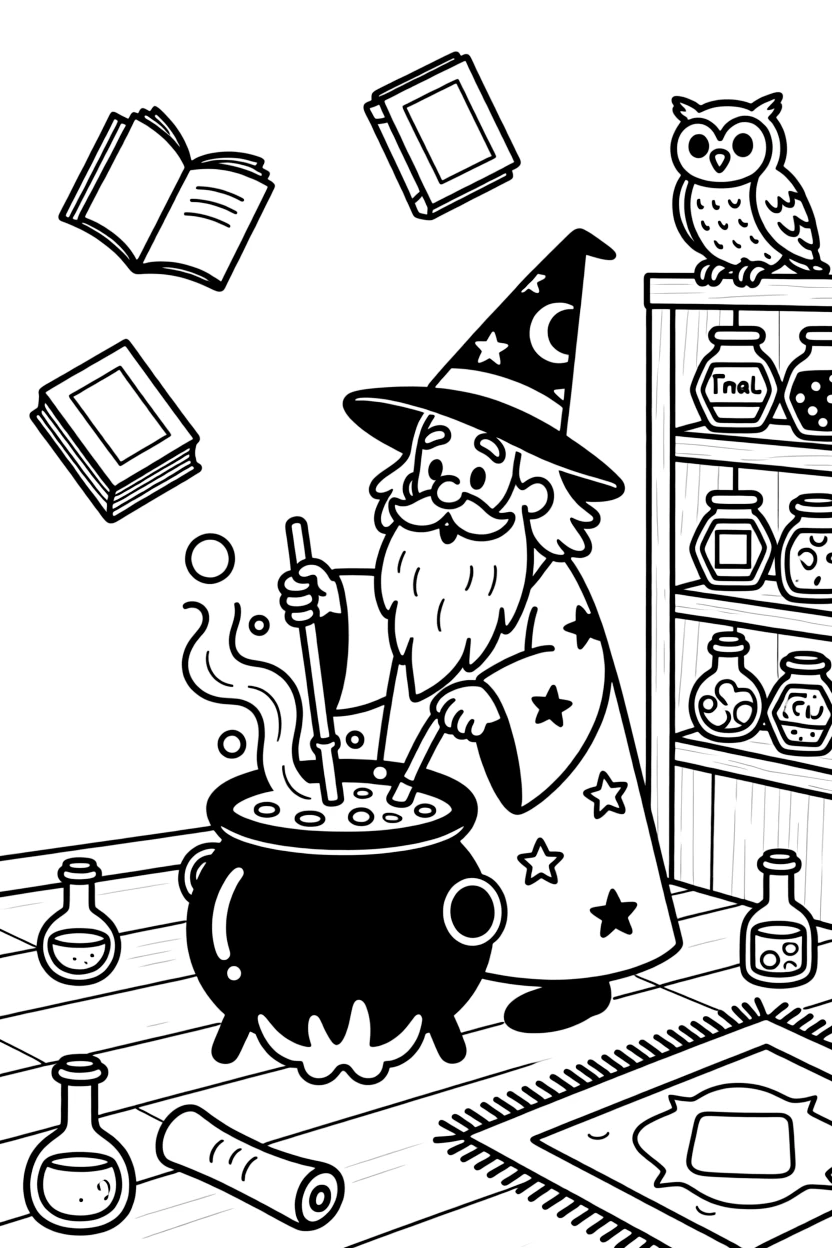 An old wizard in a pointed hat stirs a bubbling cauldron in his cluttered tower, surrounded by floating books, a sleepy owl on a shelf, and jars of glowing ingredients.
