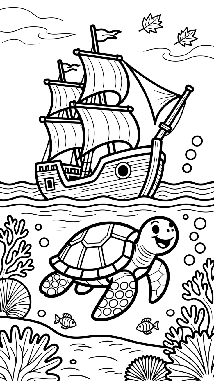 [Sea Creatures] a graceful sea turtle drifting near a sunken shipwreck near a sunken pirate ship, grinning with excitement, while colorful coral and anemones dot the seafloor fills the surrounding area. Bubbles trail upward in a gentle stream. Set on a crisp autumn afternoon, with dust kicked up by the wind, the page bursts with adventure and imagination.