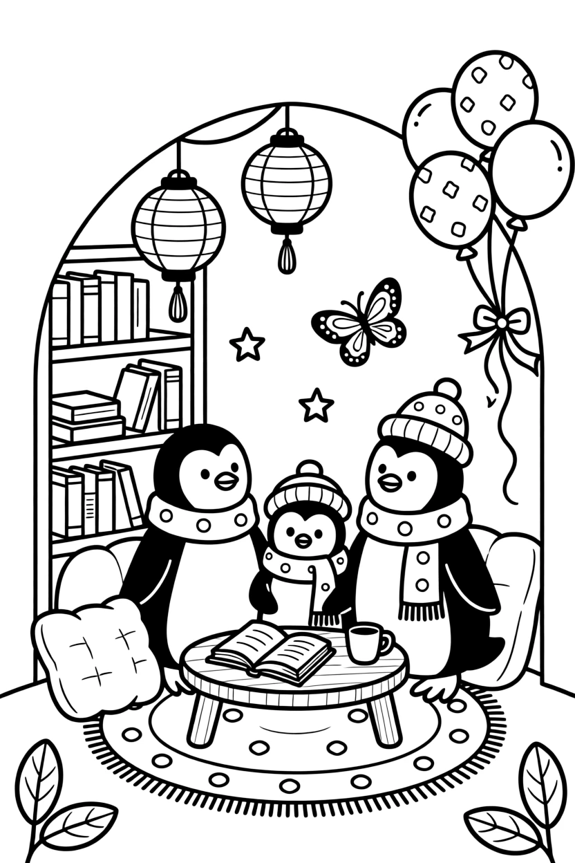 A family of waddling penguins is hanging paper lanterns for an evening celebration in a quiet library reading nook. Close by, fluttering butterflies drifting nearby and a cluster of bouncing balloons tied with ribbon give the moment a cozy feel.
