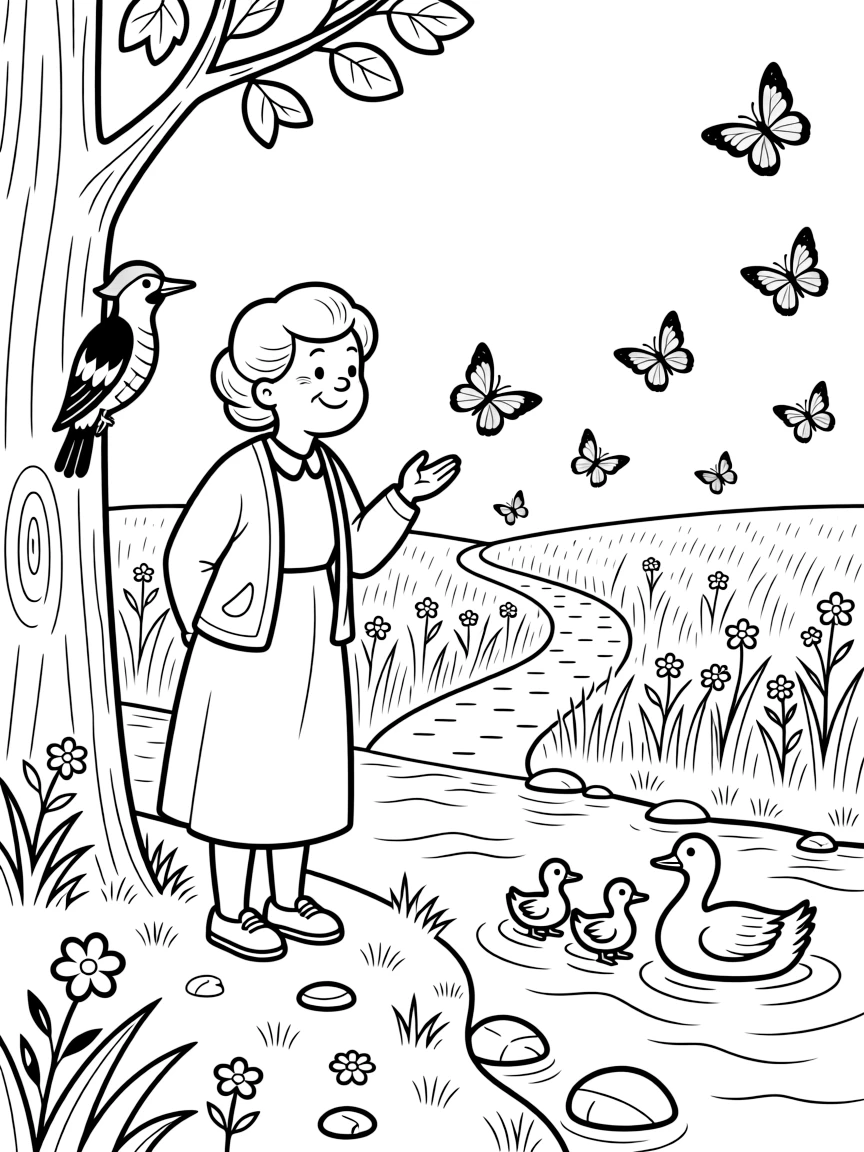 A cheerful grandmother admiring a field of orange butterflies drifting on the breeze along a nature trail winding through tall grass, near a woodpecker tapping on a tree trunk and a family of ducks paddling by.