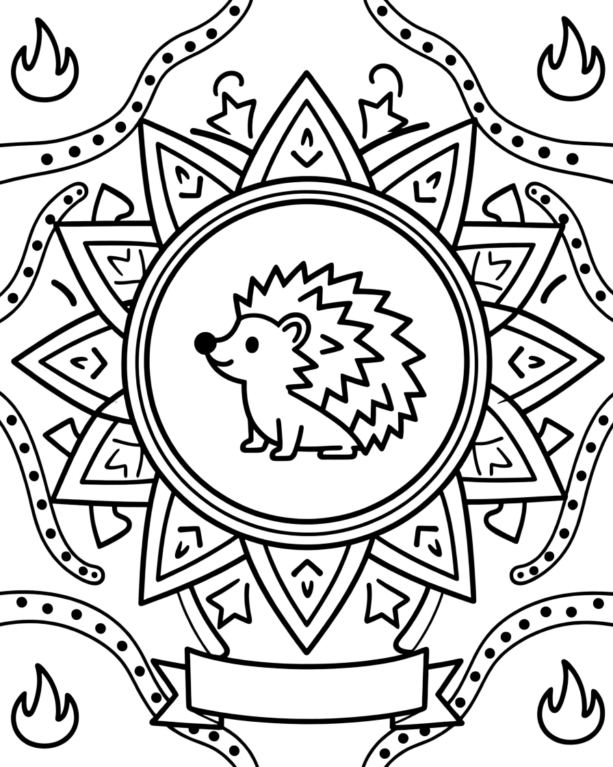 Woodland Animals: The main subject is a round little hedgehog with tiny spiky fur, drawn as the focal point of an oval medallion mandala framed by a double border. It is set at the core of the page, with the pattern unfolding outward in eight matching symmetrical segments. Decorative details fill the surrounding space, including a trail of evenly spaced dots, flame-shaped tips curling upward, and nested triangle shapes woven throughout the background. A playful extra touch completes the page: a little blank banner tucked into the design, ready for a name to be added.