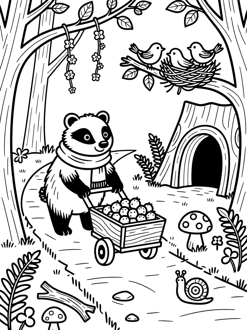[Enchanted Forest] A friendly badger pulls a small wooden cart loaded with berries down a leafy forest path. Tiny birds build a nest in a low branch while a snail slowly climbs a nearby toadstool. Twisting vines hang from the branches above a hollow log den, surrounded by patches of ferns and clover. Golden late-day light streams between the trunks, casting long shadows across the winding trail.