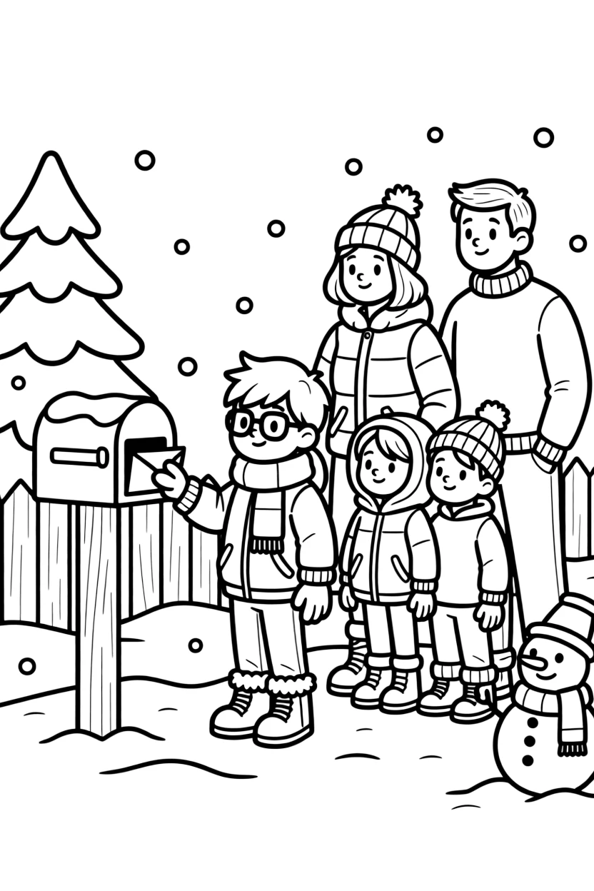 A boy with glasses checking the mailbox with a blended family while snowflakes fall softly.