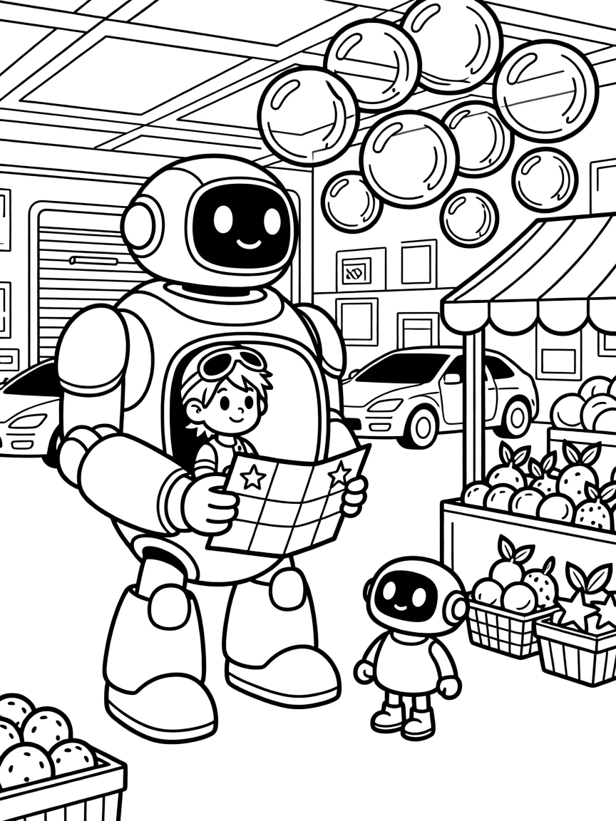 Young pilot Dash riding inside the friendly giant mech Cosmo Crusher helping a lost robot find its way home using a star map in a workshop garage filled with half-finished hovercars, as a cluster of soap-bubble-like energy shields and a busy market stall selling glowing fruit fill the scene.