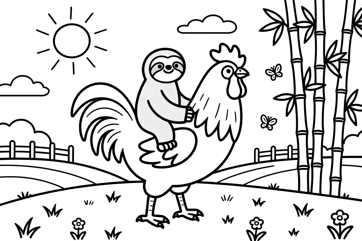 A sloth on a farm at sunrise, riding on the back of a rooster, next to a tall bamboo grove, as the sun sets in soft colors.