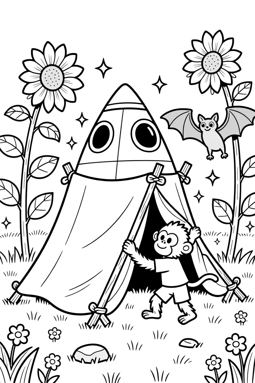 A fearless monkey acrobat takes a break from adventures to try building a blanket fort shaped like a spaceship in a meadow bursting with giant sunflowers, with a friendly bat hanging upside down nearby close behind. Sparkles and stars fill the air with magic.