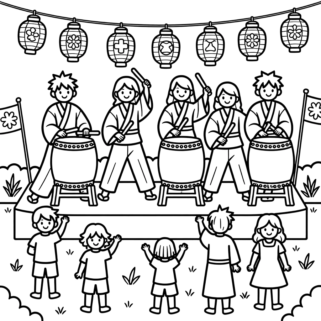A coloring page capturing a group of taiko drummers playing large drums on a festival stage strung with lanterns from Japan, set on an outdoor stage with cheerful onlookers waving and swaying along.