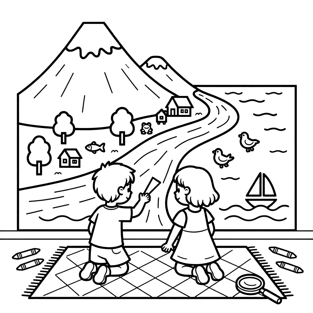 a curious pair of best friends traces a river's path on a large floor map from mountain to sea.
