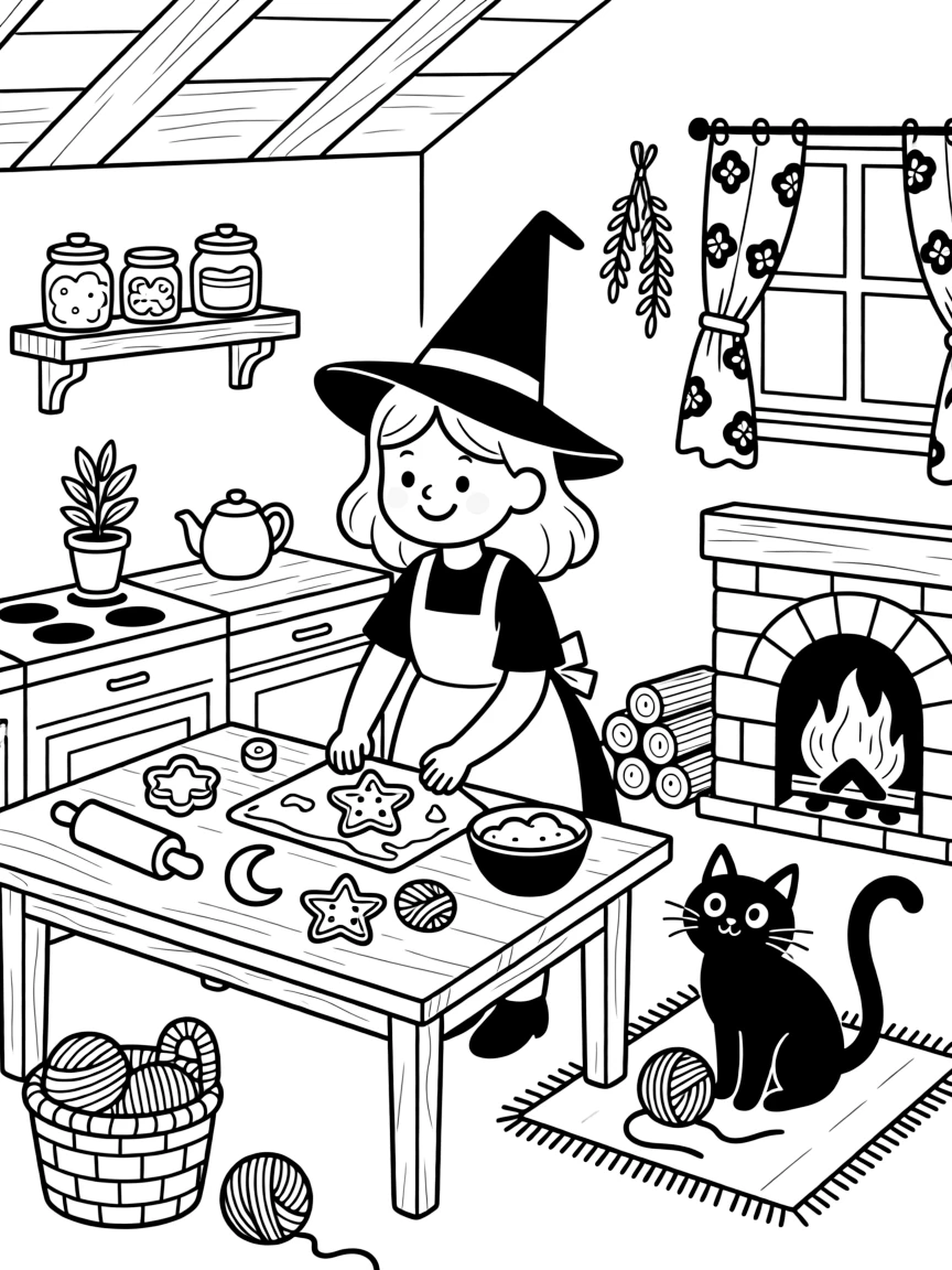 A friendly witch bakes gingerbread cookies shaped like stars and moons in her crooked cottage kitchen, her black cat batting at a ball of yarn near a warm fireplace.