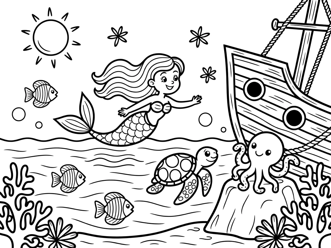 [Underwater Adventures] a mermaid swimming among the fish swimming alongside a friendly sea turtle near a sunken shipwreck, laughing joyfully, while a friendly octopus waves from a rock fills the surrounding area. Coral formations add colorful texture. Set at high noon, with fireflies beginning to glow, the page bursts with adventure and imagination.