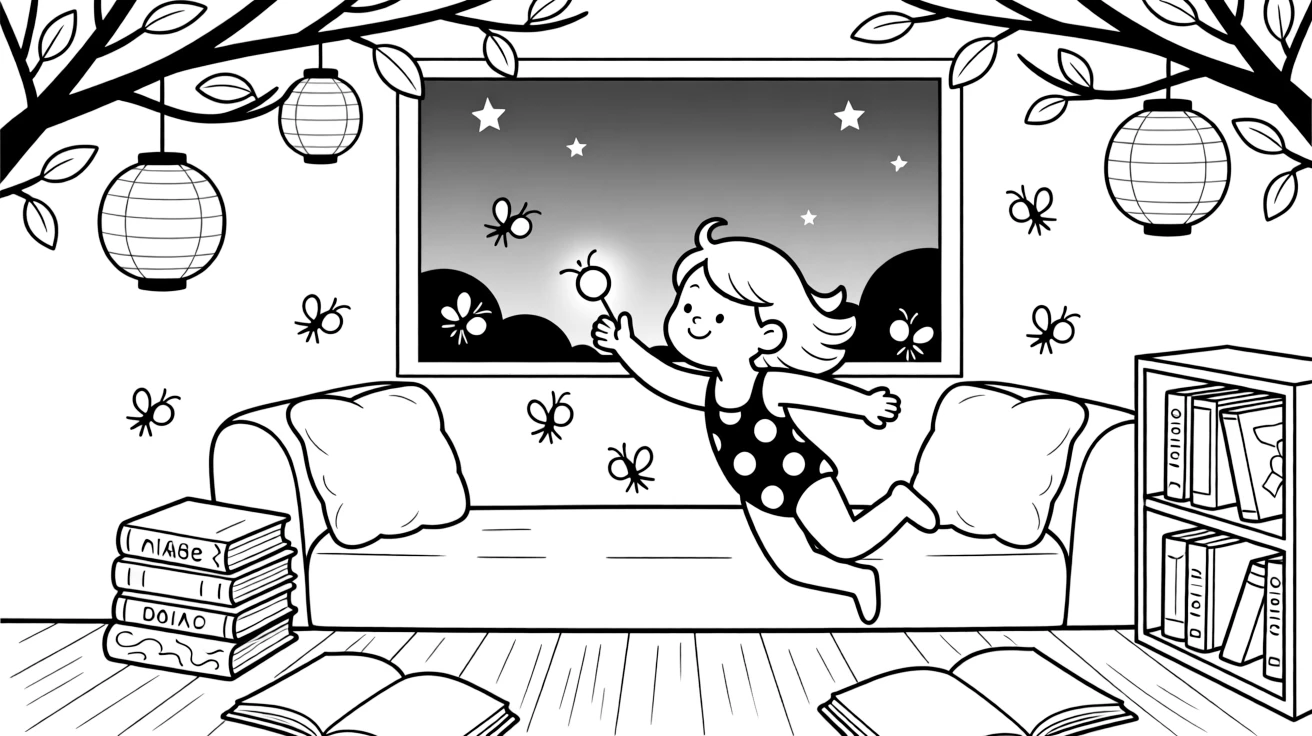 A girl swimmer in a polka-dot swimsuit is chasing fireflies just as the sky turns purple in a quiet library reading nook. a stack of well-loved picture books nearby and paper lanterns hanging from low branches add to the delightful moment.
