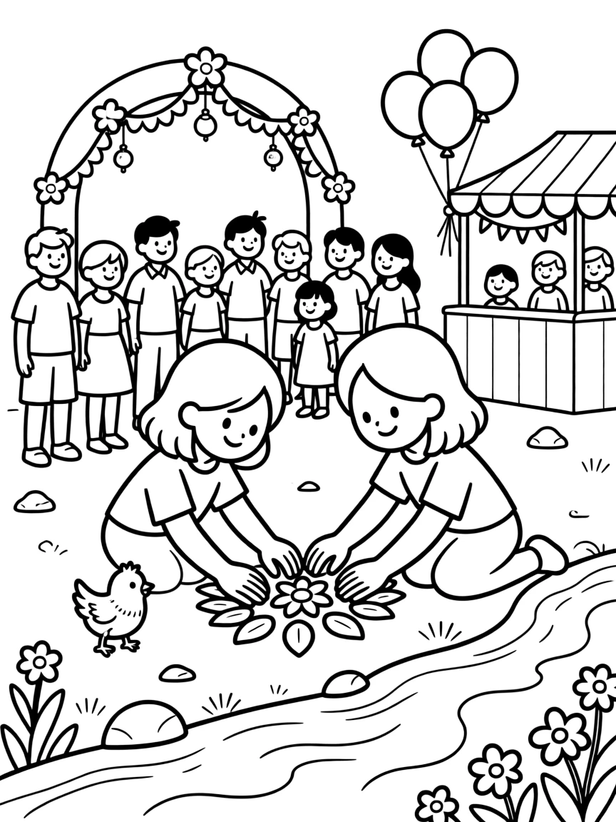 Hands arranging flower petals into a pattern on a riverbank crowded with people watching a celebration, with a tiny chick playing close by amid a decorated archway welcoming guests and balloons tied to a festive booth.