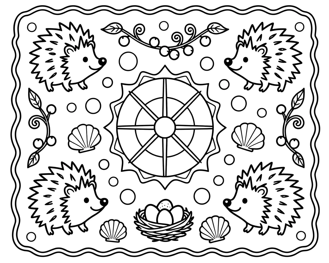 Woodland Animals: The page centers on a repeating motif of a round little hedgehog with tiny spiky fur, built around a wheel-spoke mandala radiating from a round hub. The motif is placed at each of the four corners in matching pairs, connected by a looping border pattern around the edge. Decorative details fill the surrounding space, including clusters of round bubbles, twisting berry-vine garlands, and overlapping scalloped shells woven throughout the background. A playful extra touch completes the page: a tiny nest holding three small eggs tucked into the pattern.