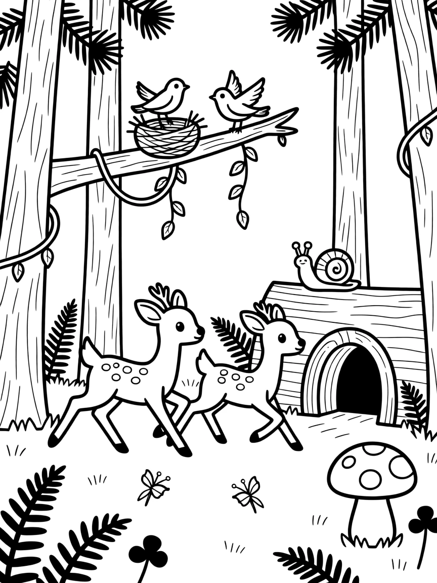 [Enchanted Forest] Two young deer play tag around a cluster of tall pine trees in a sunlit forest clearing. Tiny birds build a nest in a low branch while a snail slowly climbs a nearby toadstool. Twisting vines hang from the branches above a hollow log den, surrounded by patches of ferns and clover. Soft afternoon light glows through the branches as fireflies begin to twinkle near the undergrowth.