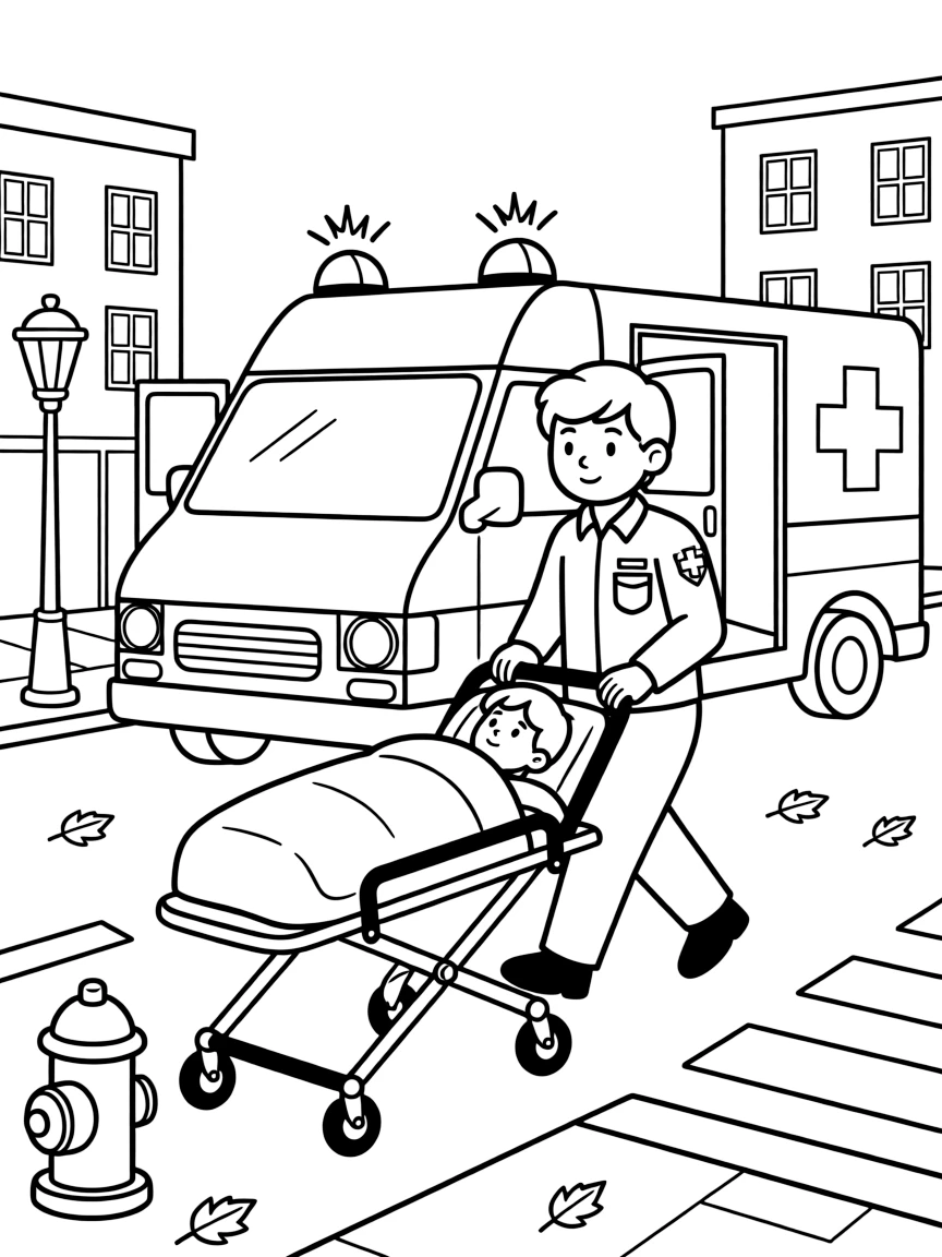 A paramedic pushes a stretcher into a waiting ambulance, its lights flashing on a city street.