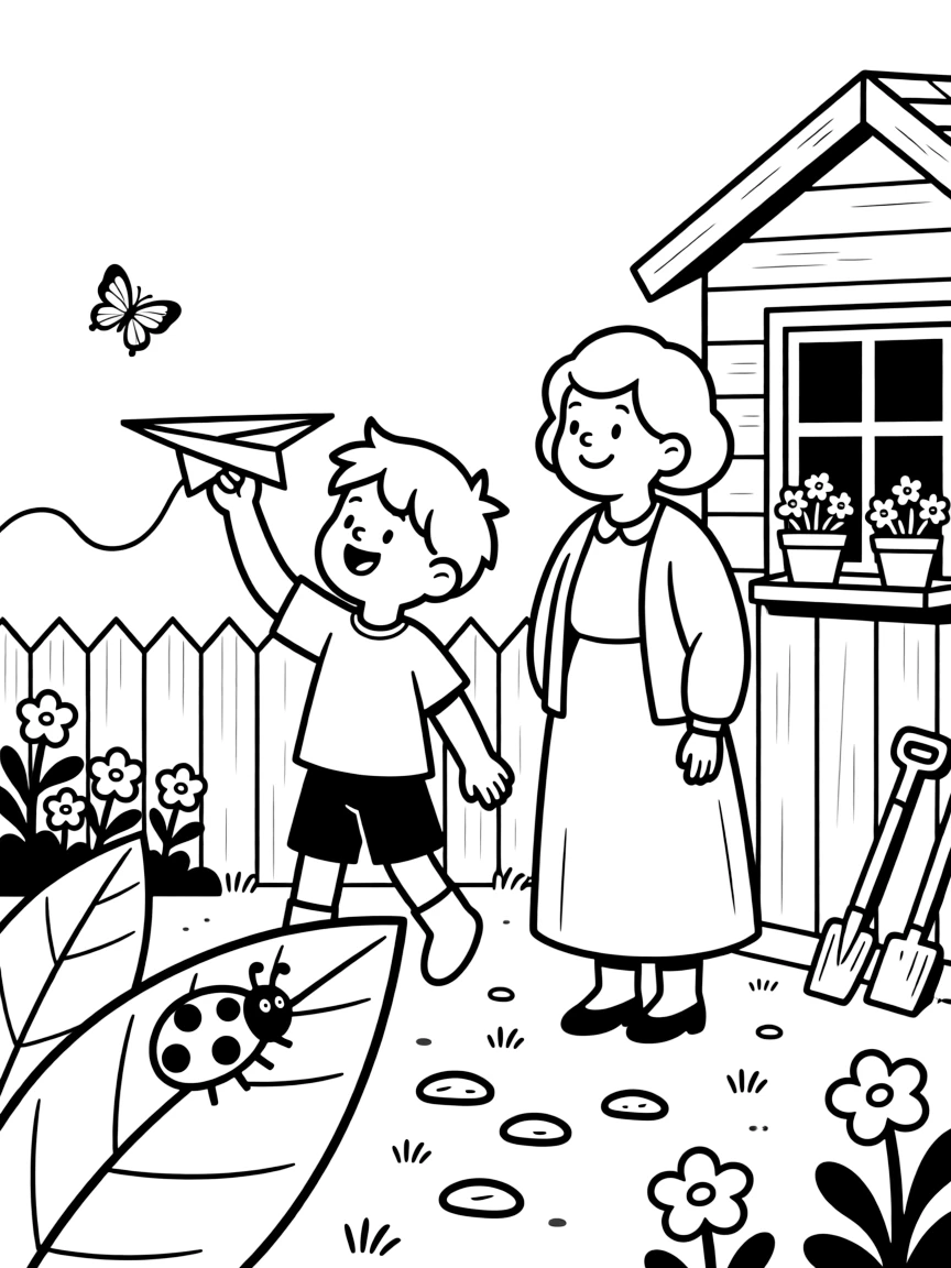 A small boy flying a paper airplane with a grandmother by a garden shed as a ladybug crawls on a leaf.