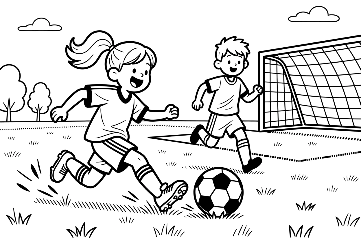 An energetic girl with a big smile, sliding to steal the ball from an opponent right at the edge of the penalty box.