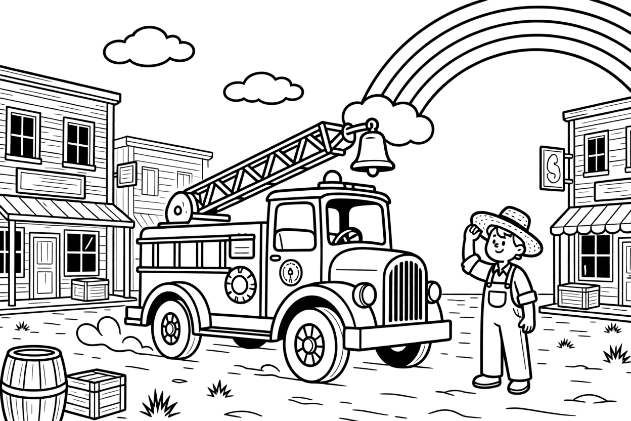 An antique fire engine with a hand-cranked bell and ladder is shown journeying through a dusty Wild West town with wooden storefronts, with a friendly farmer tipping his straw hat close by and a rainbow arching across the sky completing the lively scene.