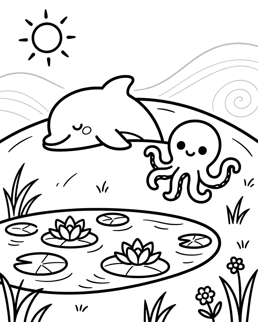 A dolphin at the top of a windy hill, napping in a sunbeam next to a friendly octopus, next to a water lily pond, while morning fog rolls over the hills.