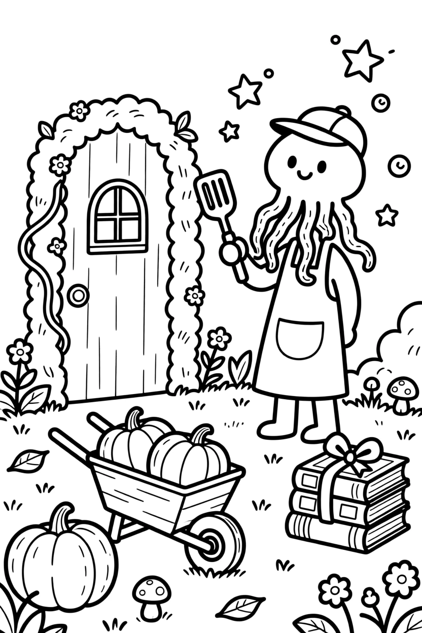 A curious jellyfish lantern keeper is stacking pancakes into a tower taller than a house in a secret garden hidden behind a mossy gate, joined by a wheelbarrow full of freshly picked pumpkins and a stack of picture books tied with ribbon. Little cheers of excitement fill the air.