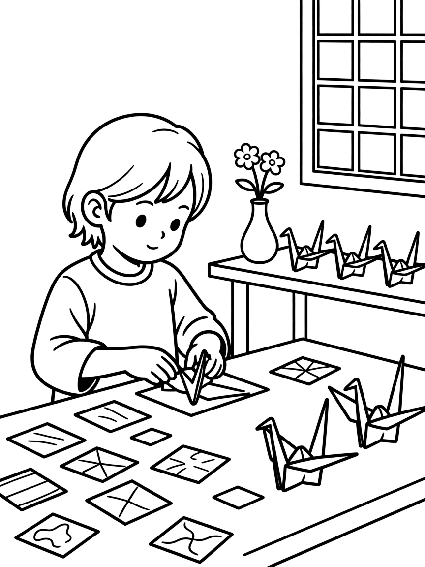 A coloring page showing a creative craft moment in Japan: a child carefully folding a paper crane at a table covered in colorful origami squares, with finished pieces displayed proudly on a nearby table.