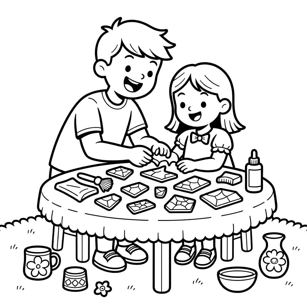 an excited older brother and his little sister pieces together broken pottery shards on a felt-covered table.