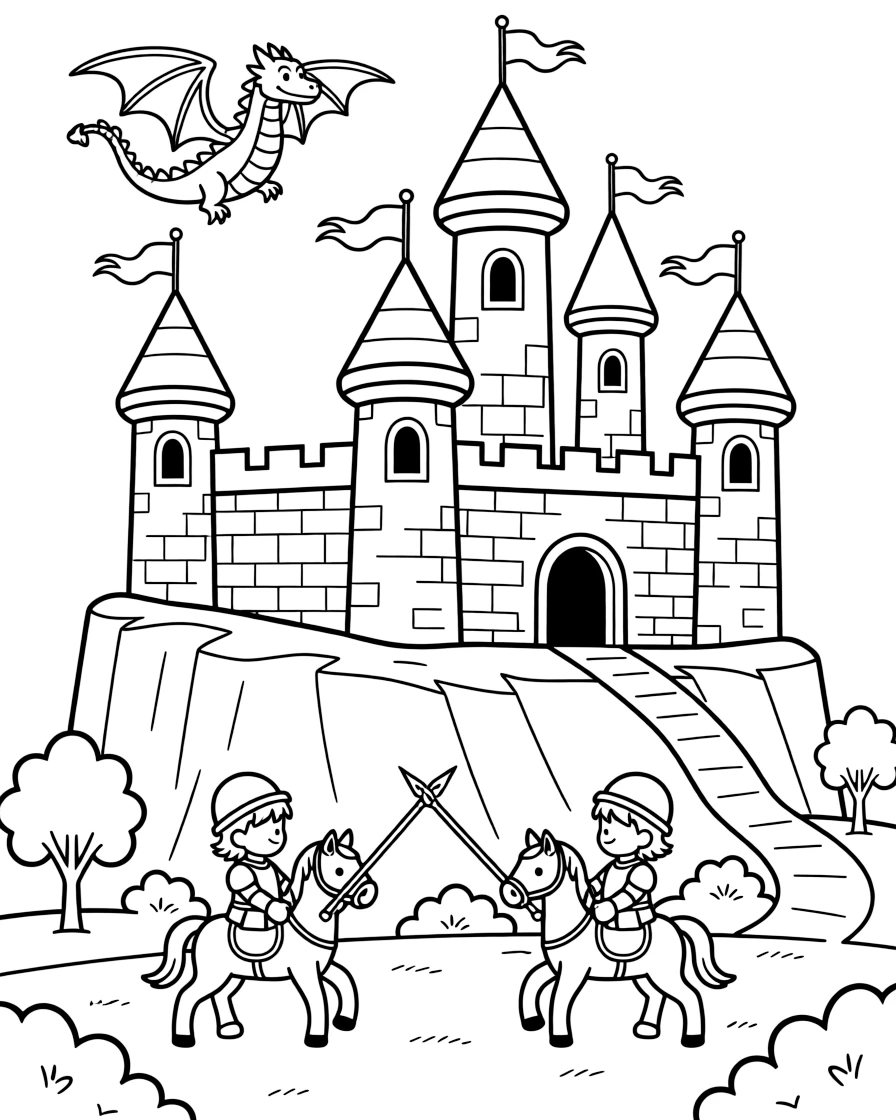 A grand castle with seven turrets sits atop a cliff, banners fluttering in the wind, as a dragon circles lazily overhead and knights practice jousting in the courtyard below.