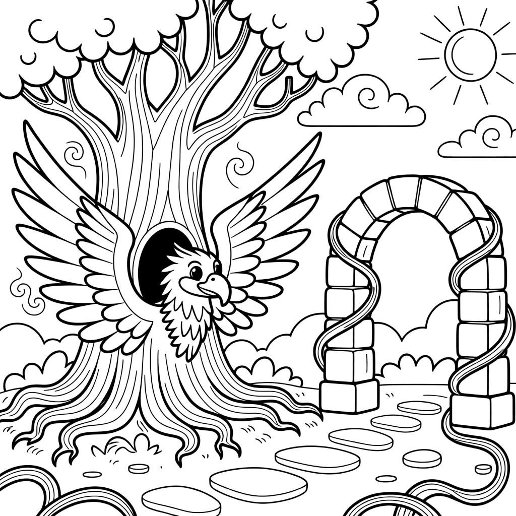 [Fantasy Creatures] A dynamic scene shows a griffin with eagle wings peeking out from a hollow tree near an ancient magical tree, letting out a triumphant roar. Close by, an old stone archway stands nearby. Twisting vines and roots add texture. The moment unfolds at high noon, with fluffy clouds drifting overhead, filled with energetic detail perfect for a young colorist.