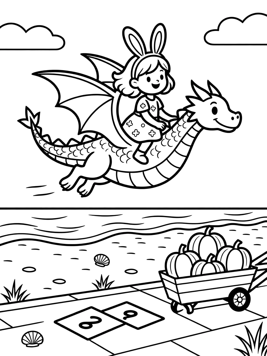 A girl wearing bunny ears for a spring festival is soaring through the sky on the back of a gentle dragon on a sandy beach at golden sunset. All around, a wagon piled high with pumpkins and a hopscotch grid chalked onto the pavement complete the joyful scene.