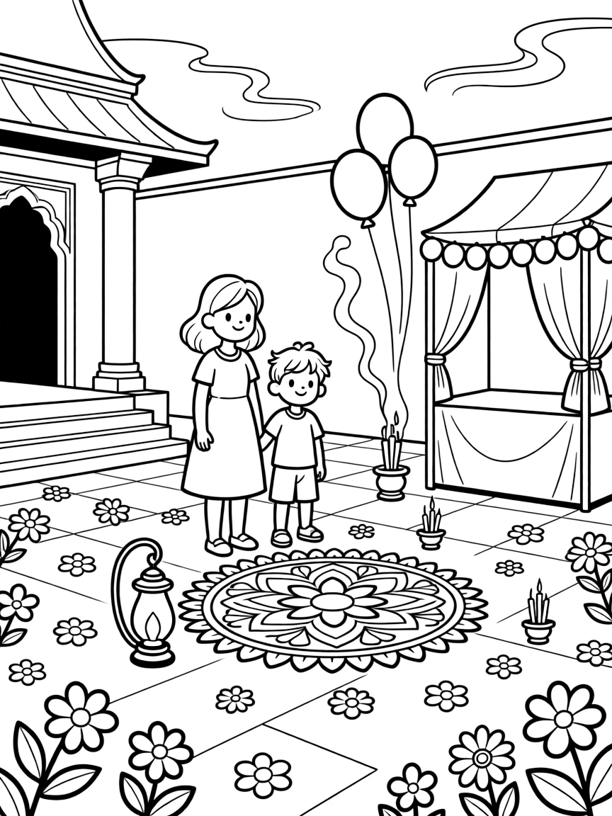 A wide view in a temple courtyard filled with flowers and incense smoke, featuring a lantern glowing beside a finished rangoli design, a big sister and her little brother, and balloons tied to a festive booth, with incense curling into the air nearby.