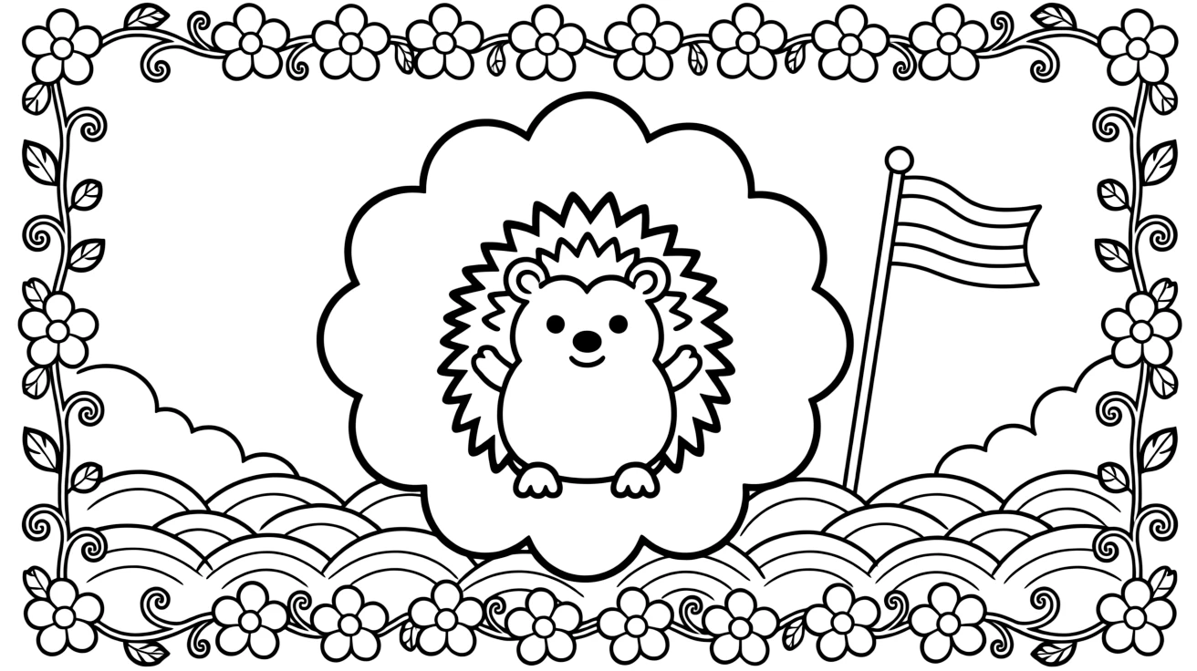 Woodland Animals: The page presents a small themed scene built around a round little hedgehog with tiny spiky fur, tied together by a cloud-ring mandala made of puffy overlapping curves. The scene is placed centrally within a scene bordered top and bottom by mirrored rows of smaller matching details. Decorative details fill the surrounding space, including layered flower rosettes, swirling vine tendrils, and rows of curling wave shapes woven throughout the background. A playful extra touch completes the page: a small flag on a stick poking out from one side of the pattern.