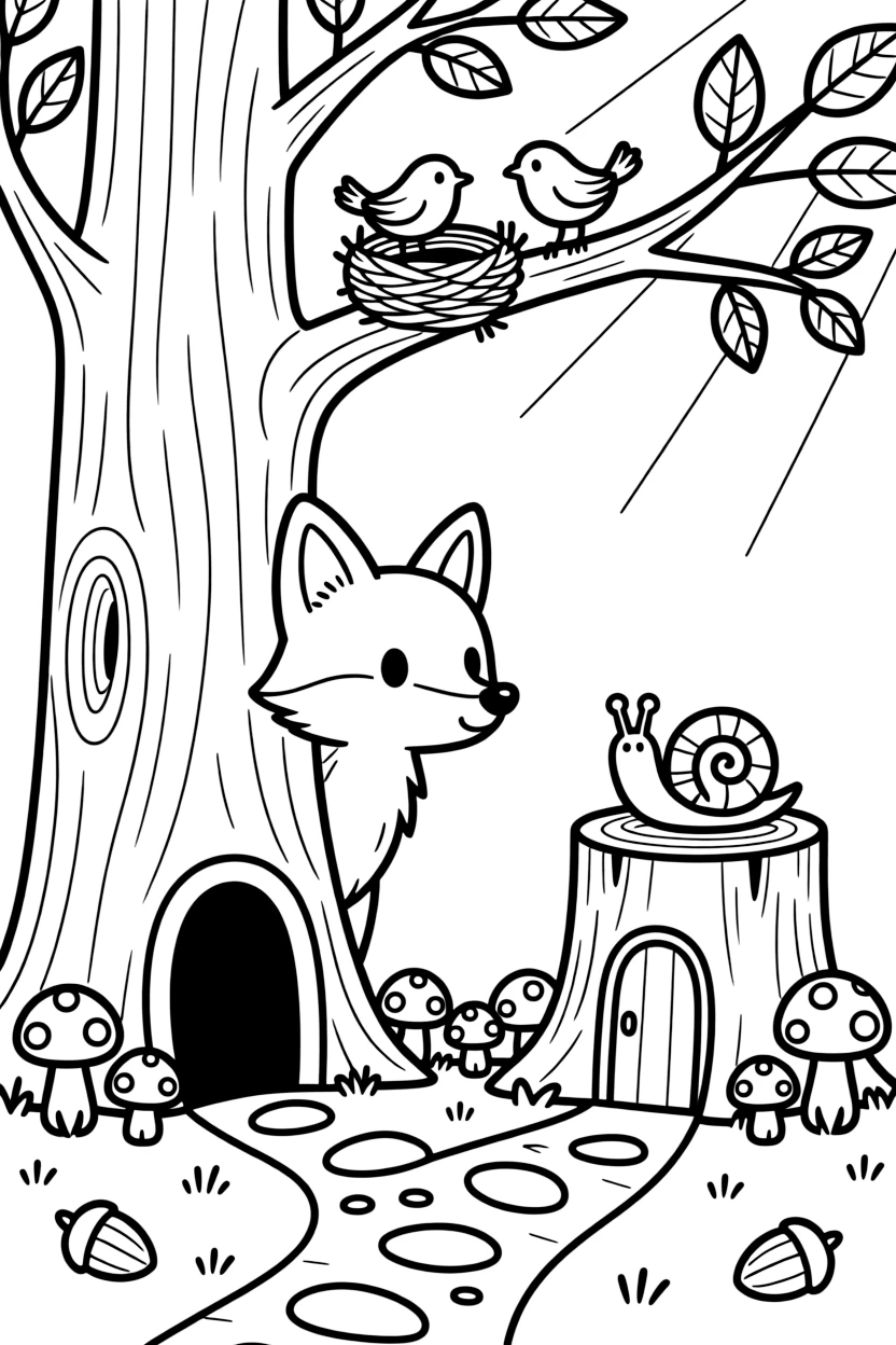 [Enchanted Forest] A curious fox pup peeks out from behind a giant tree trunk, sniffing at a trail of glowing mushrooms. Tiny birds build a nest in a low branch while a snail slowly climbs a nearby toadstool. A ring of spotted mushrooms circles an old tree stump carved into a tiny door, with pebbles forming a winding path. Sunlight filters through the leaves, and a trail of fallen acorns leads toward a hidden clearing sparkling with morning dew.