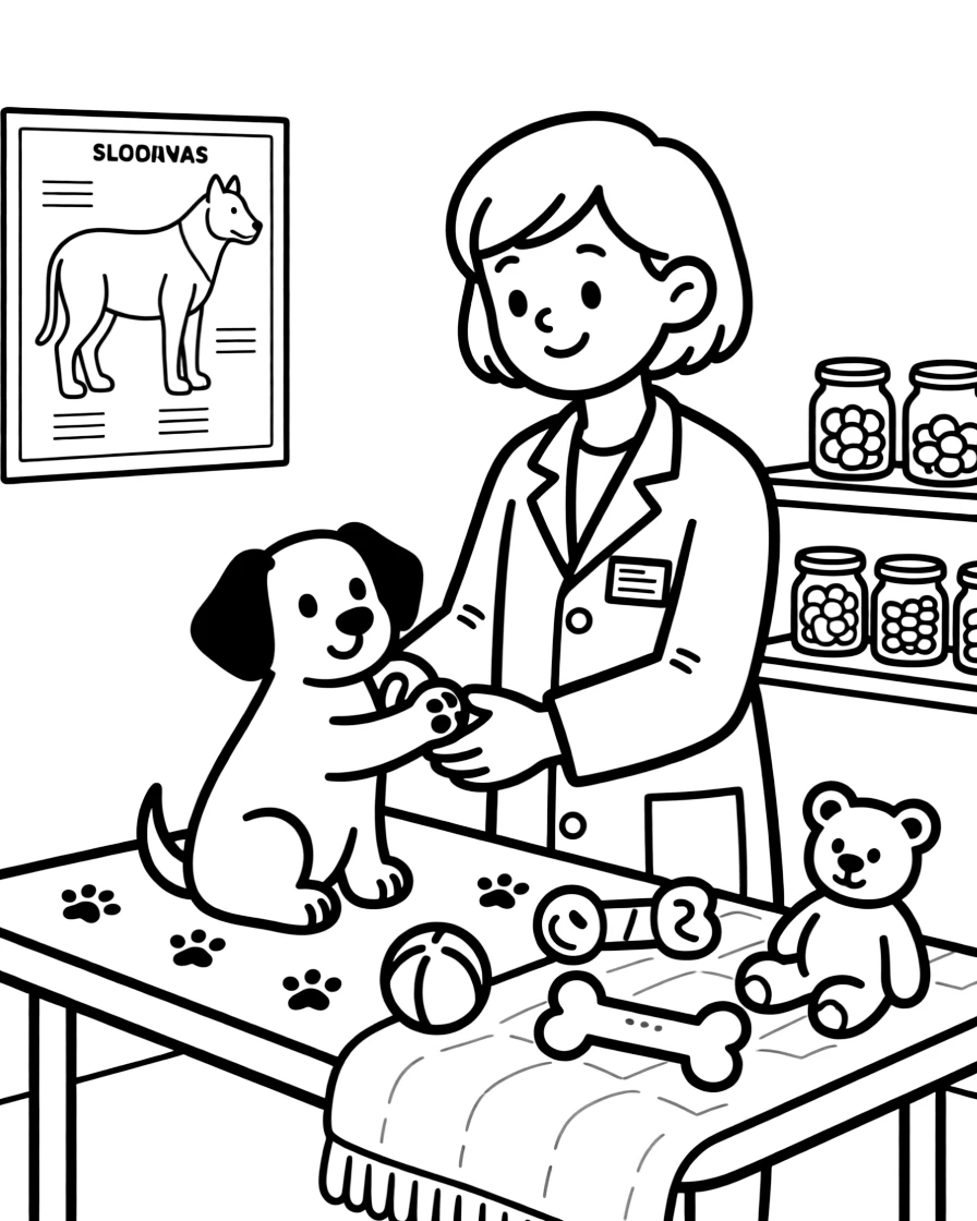 A veterinarian gently bandages a puppy's paw on an exam table surrounded by pet toys and treat jars.