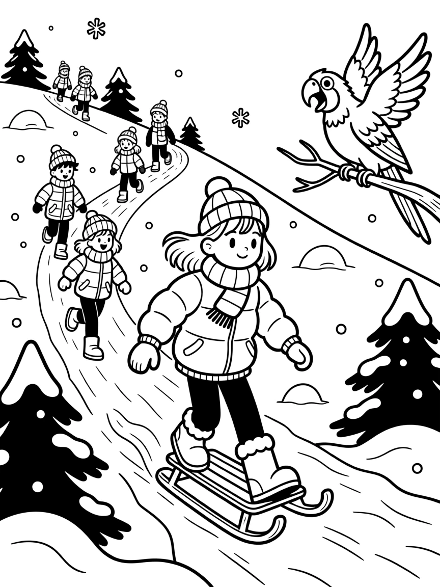 A confident preteen girl sledding down a hill with a whole class of friends on a mountain trail while a parrot squawks from a perch.
