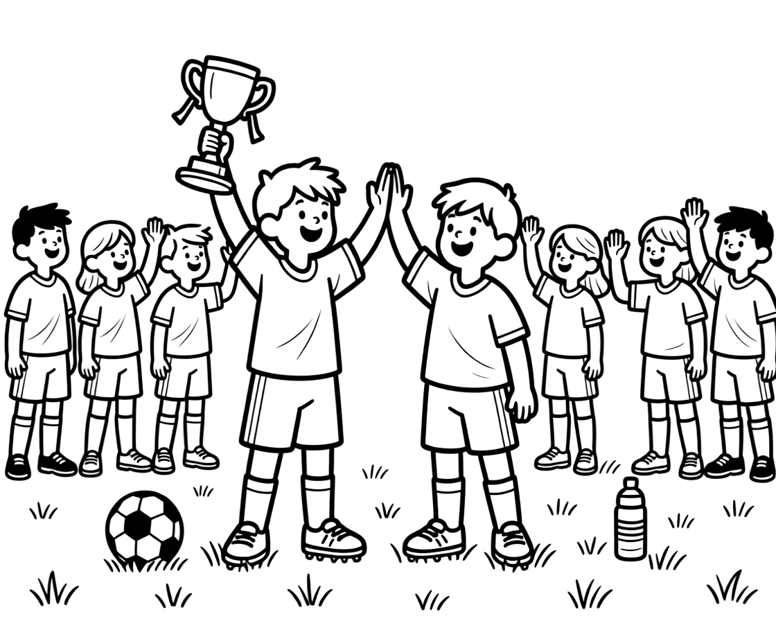 A pair of twin siblings, high-fiving the whole team in a line after a hard-fought win, trophy held overhead.