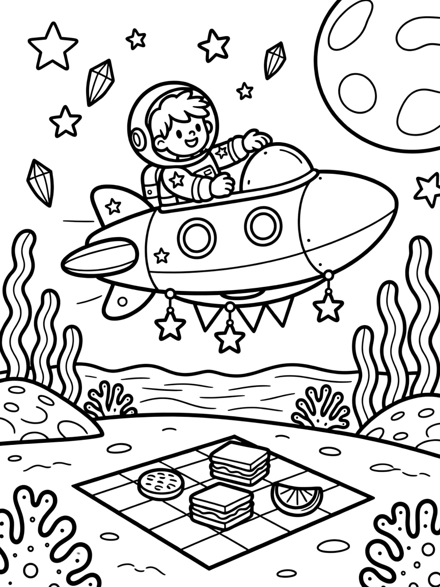 Space Ranger Halo, a young space explorer in a starry spacesuit decorating a spaceship for an intergalactic festival in a coral-covered ocean planet with floating kelp forests, as a picnic blanket spread with snacks under the stars and a cluster of floating crystals humming softly fill the scene.