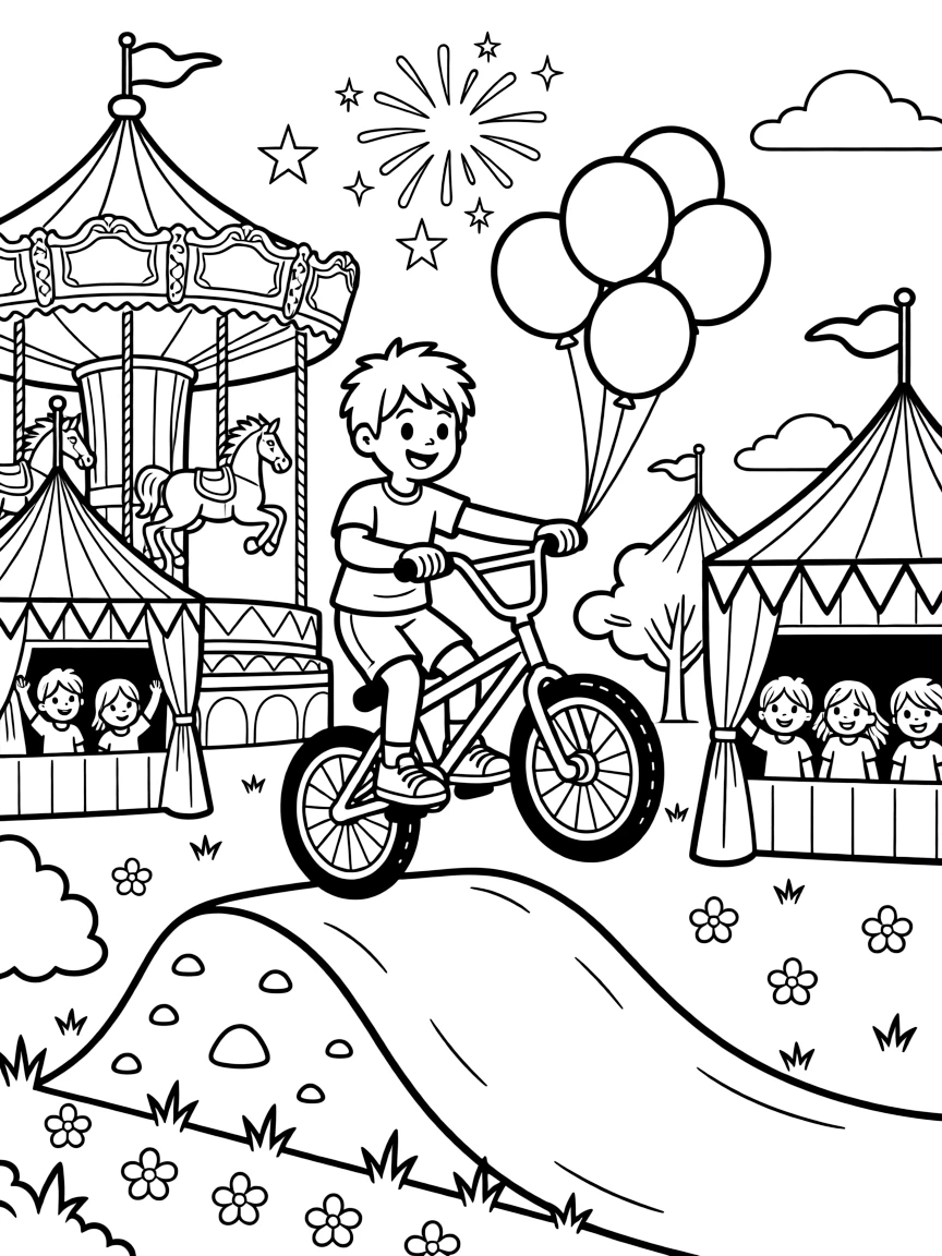 A coloring page featuring a BMX bike popping a wheelie over a dirt ramp, traveling through a lively county fair with a carousel and ribbon-topped tents, with a group of cheerful kids waving from the windows and balloons tied to the rearview mirror and fireworks bursting in the sky in the background filling the scene.