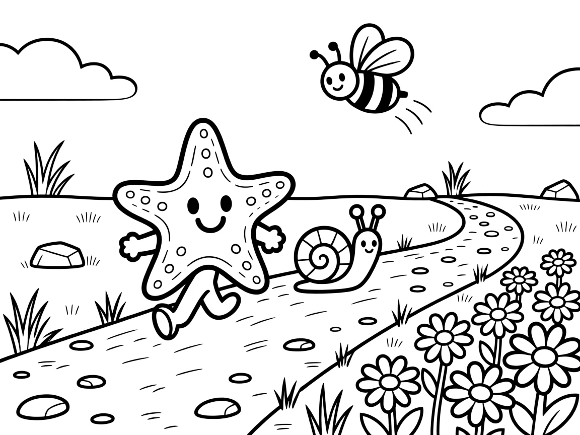 A starfish racing playfully alongside a snail along a dusty savanna trail, near a bed of daisies, while a friendly bee buzzes past.