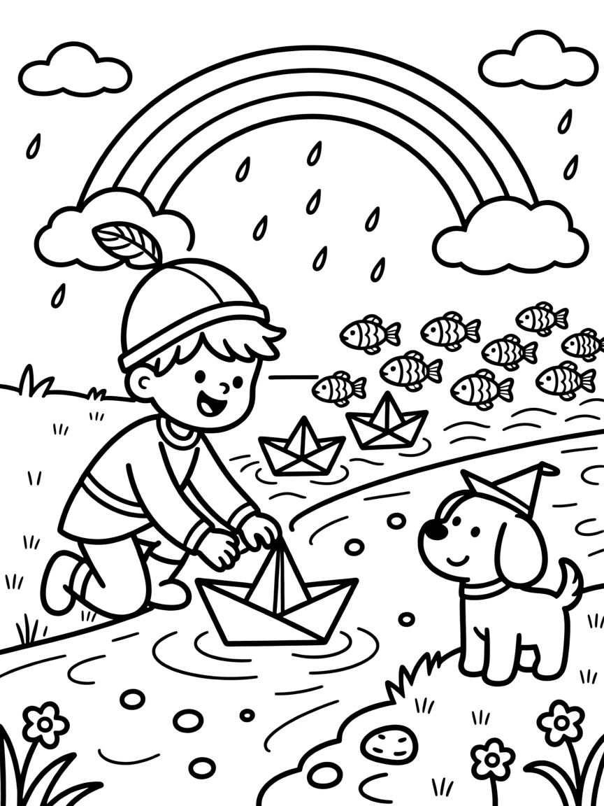On top of a rainbow after a summer rainstorm, a jolly boy knight and his puppy squire is busy racing paper boats down a bubbling brook, cheered on by a school of rainbow fish swimming past and a fleet of tiny paper boats racing along. A gentle breeze carries the sound of joyful laughter.